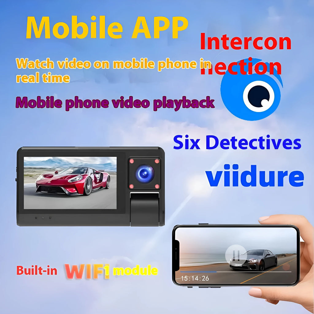 Black G50 dash cam with 3-inch touch screen shown mounted on a car windshield.