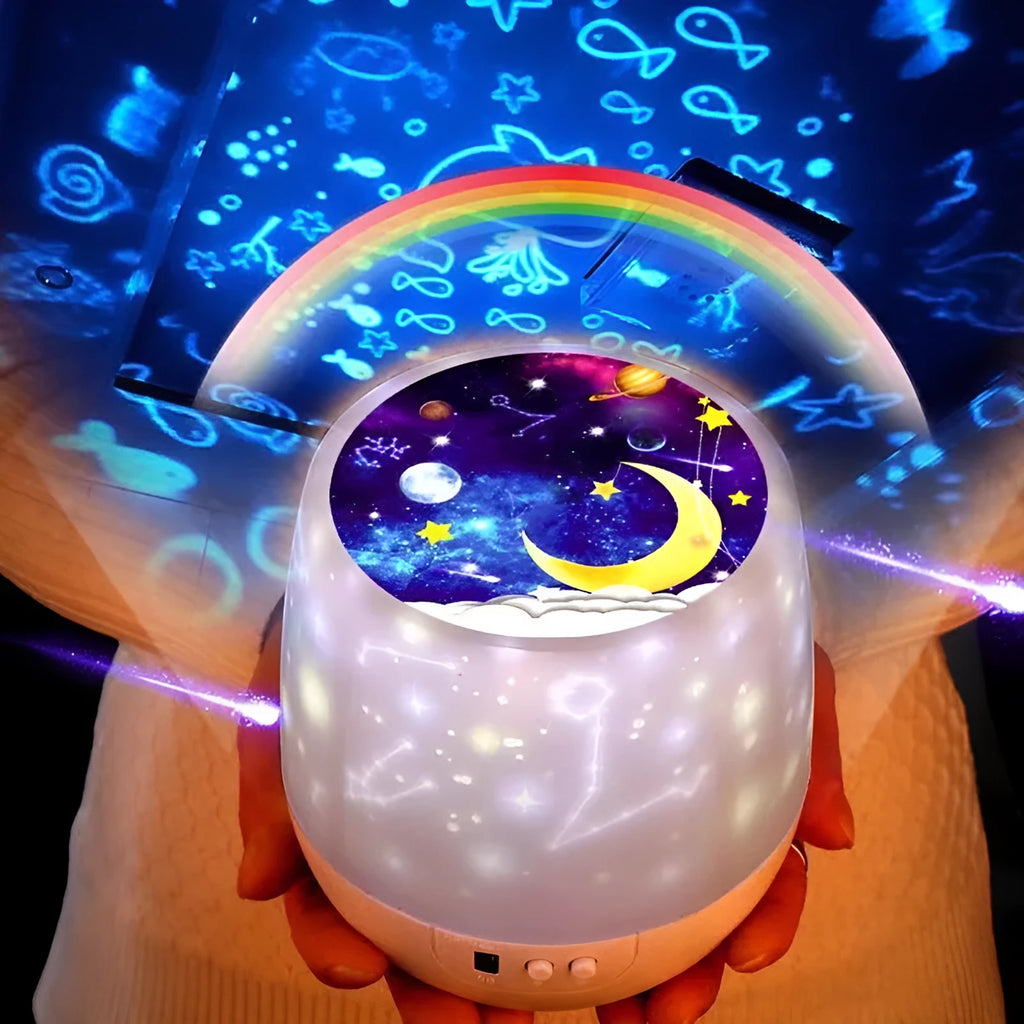 Sky Fall projector night light showing constellation projection on ceiling, with USB cable and five film slides