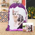Custom purple sequins backpack with a printed dog photo, showing drawstring opening.