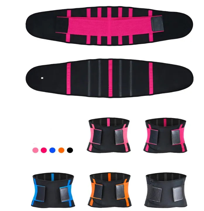 Neoprene sports waist belt with silicone anti-skid and adjustable hook and loop fastening, in Black, Blue, Deep pink, Orange, or Pink.