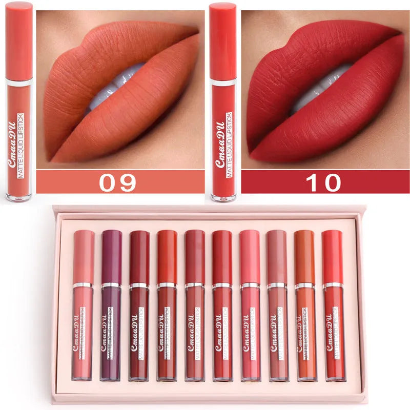 Pack of 10 women's matte lipsticks in photo colour with non-stick cup waterproof formula.