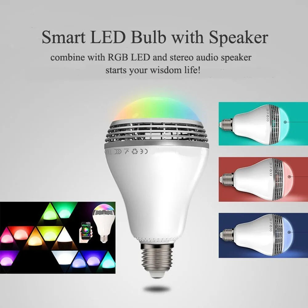 E27 LED smart Bluetooth speaker bulb with white PC body, 100mm diameter.