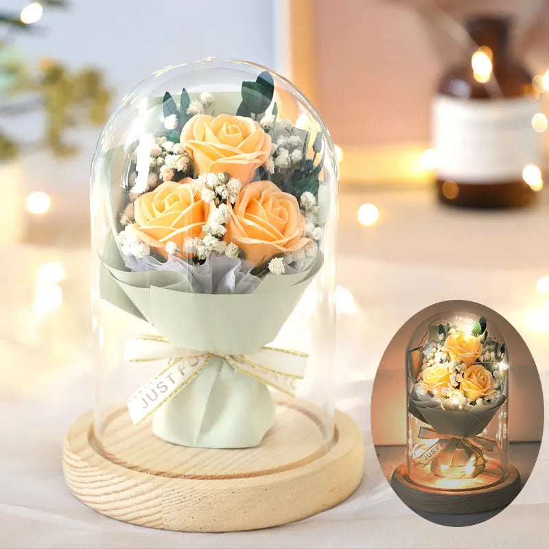 Bouquet glass cover with soap flower rose, dome 11.2x16cm or love 12.5x17cm, Christmas gift