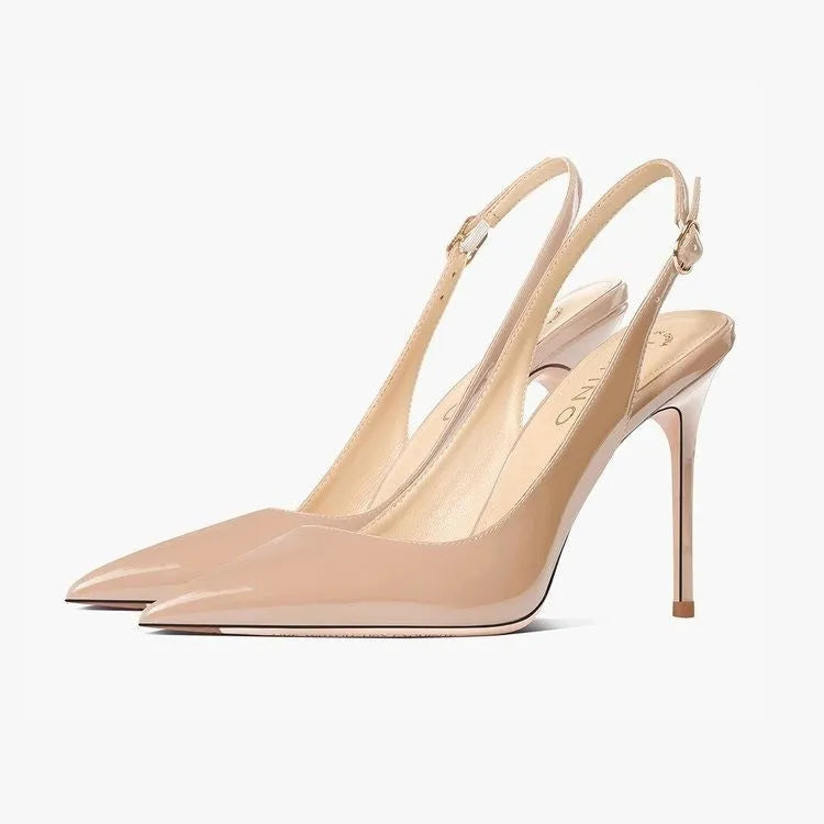 Women's nude high heels with hollow ankle strap and button fastening, 10cm heel