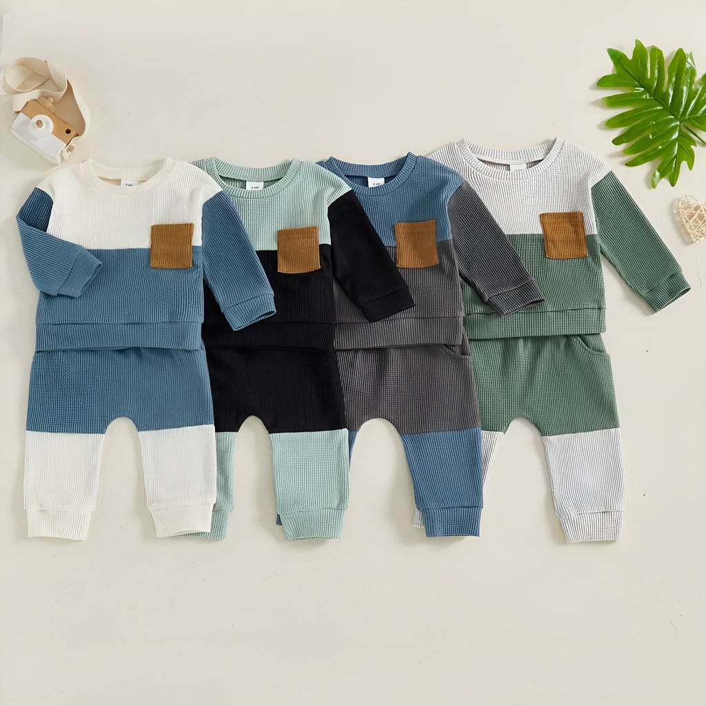 Boys' waffle colour matching pocket two-piece set in blue apricot with top and trousers on light background