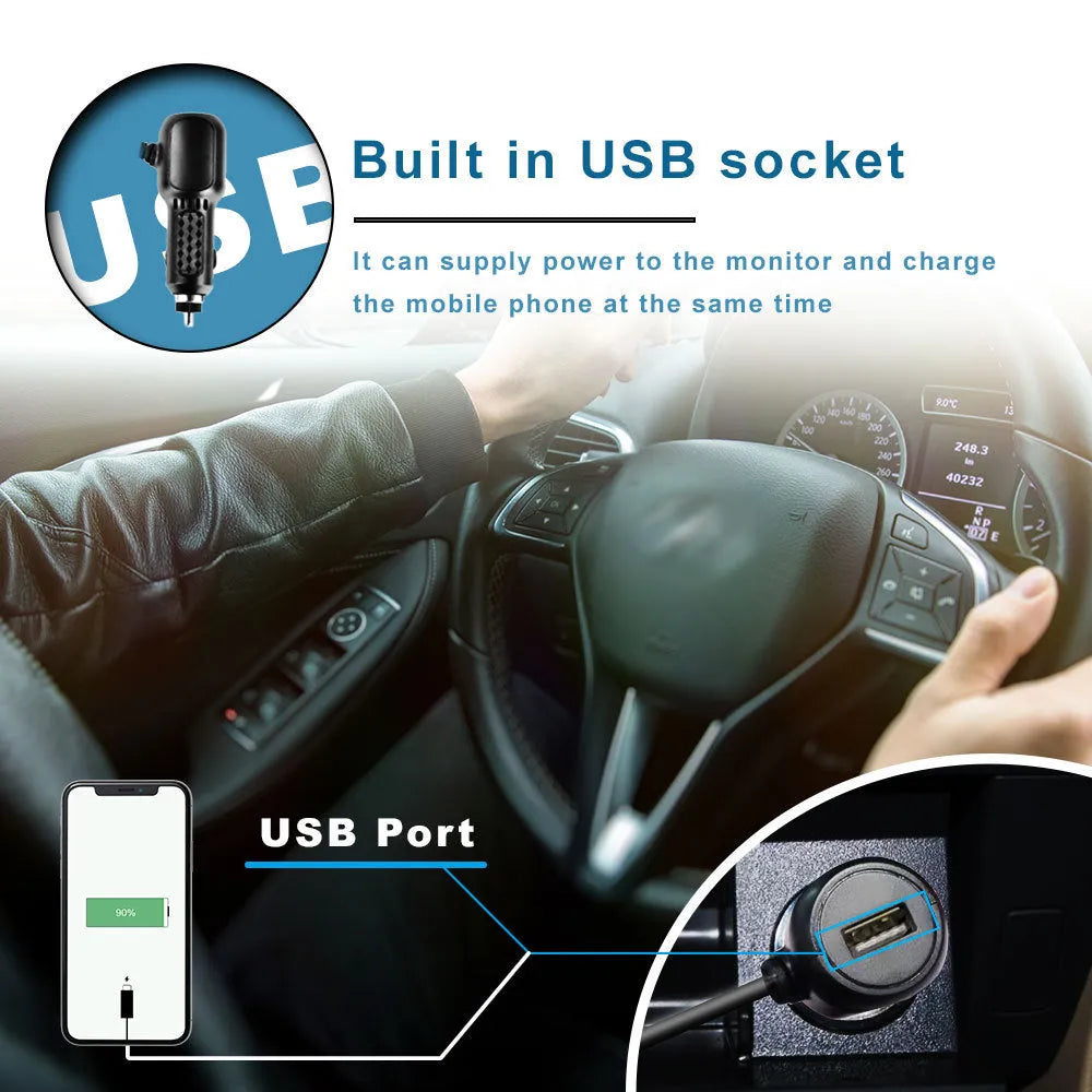 Black car baby monitor with 4.3-inch folding screen, 6-metre camera cable, and cigarette lighter power cord