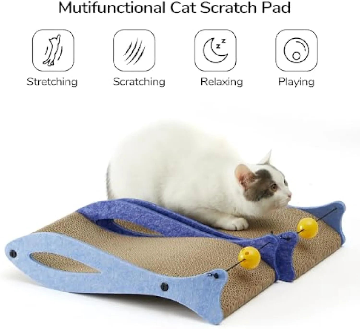 Blue fish-shaped cardboard cat scratcher lounge with bell ball toys for indoor cats.