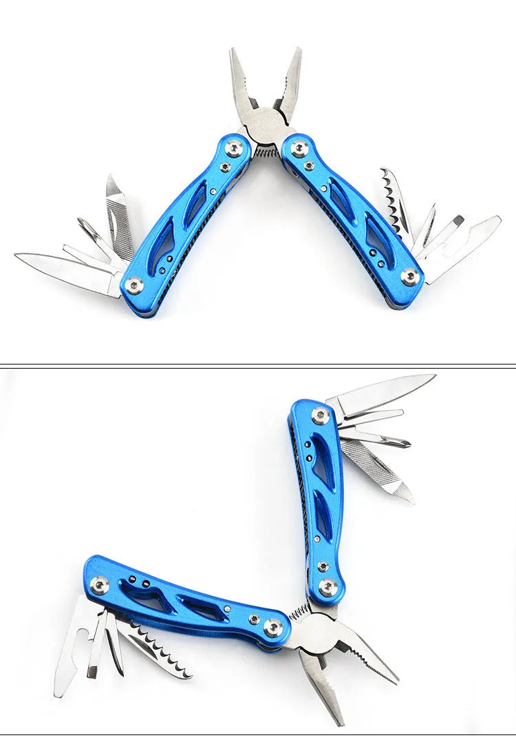 Blue stainless steel multi-function pliers and fruit knife tool folded, shown with its Oxford storage bag.