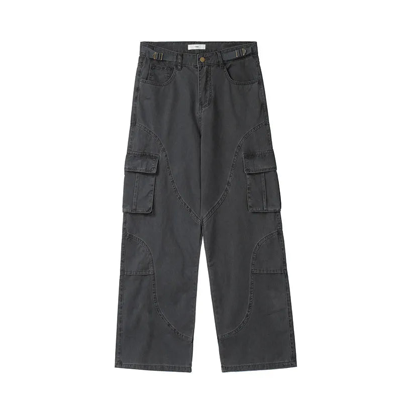 Autumn winter American style washed worn loose straight-leg overalls in black, green, and dark grey with pocket details