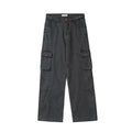 Autumn winter American style washed worn loose straight-leg overalls in black, green, and dark grey with pocket details