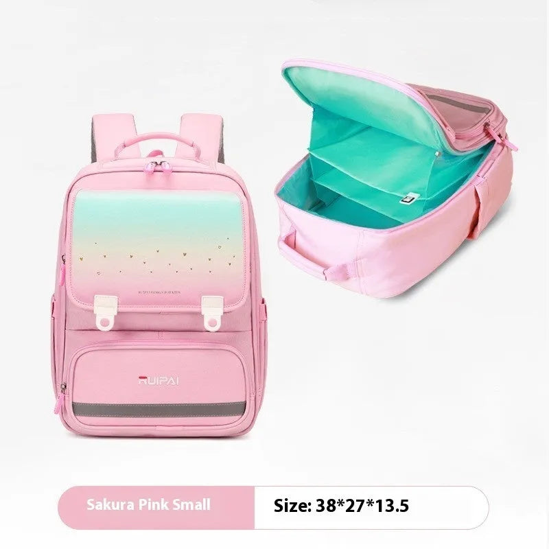 Primary school polyester backpack with burden reduction and spine protection, available in pink, red, purple and navy blue