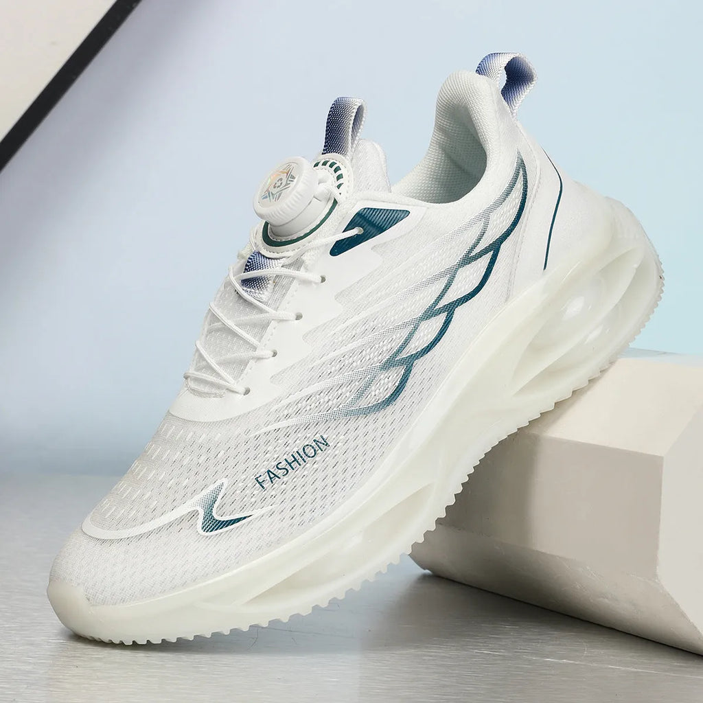 Unisex casual running shoes in black gold, sky blue, and white colours, showing low top design and mesh upper.