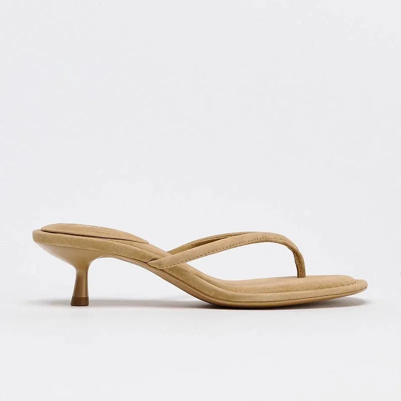 Women's high heel flip-flops with round toe in microfiber and rubber, available in black or khaki