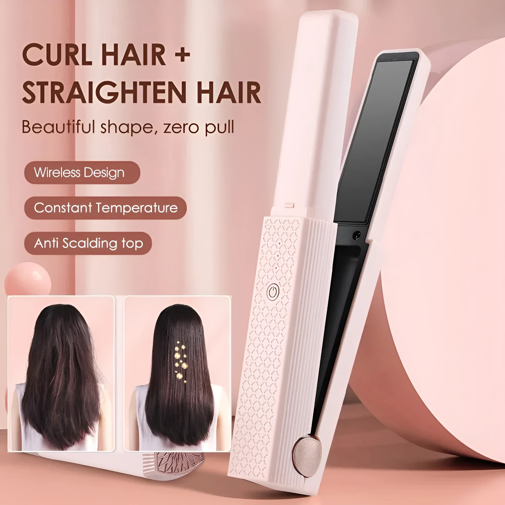 Pink and green mini cordless USB hair straightener with ceramic plates for travel