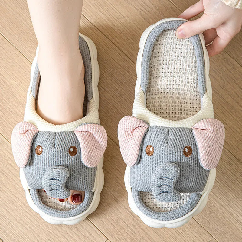 Elephant grey linen open toe couples slippers with PVC sole on wooden floor