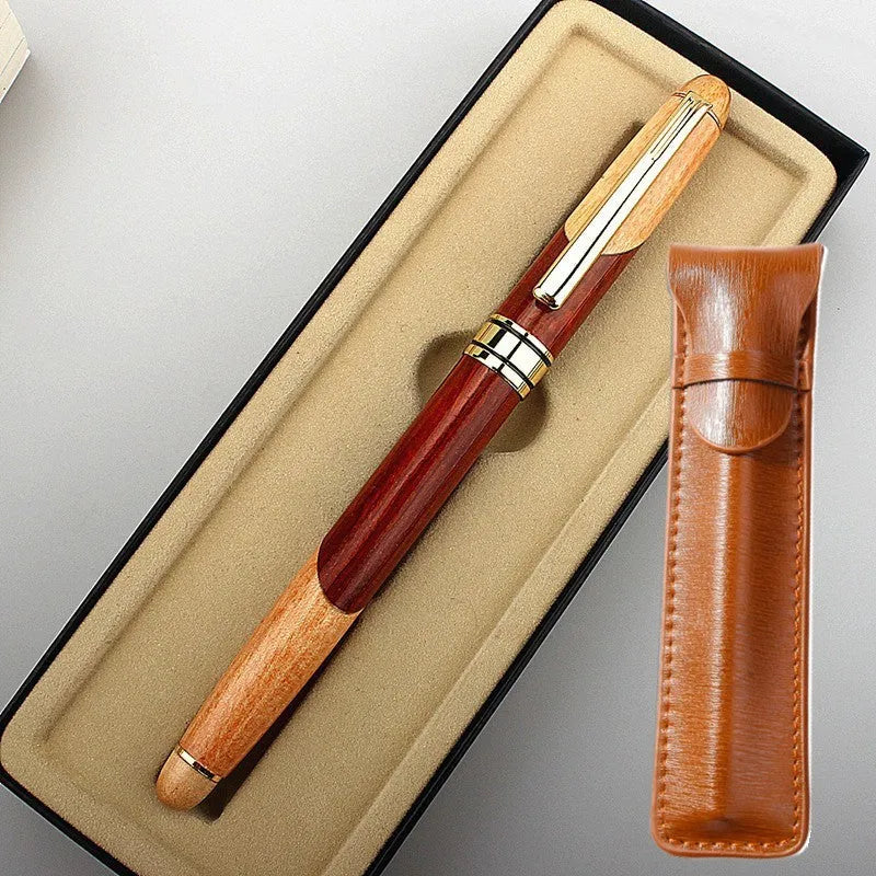 Wooden fountain pen with metal details alongside a matching fabric pen bag