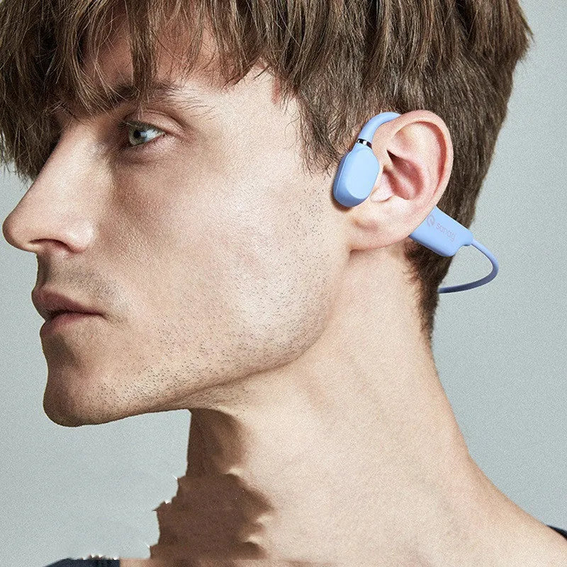 Bone conduction Bluetooth sports headset with neckband, shown in multiple colour variants.