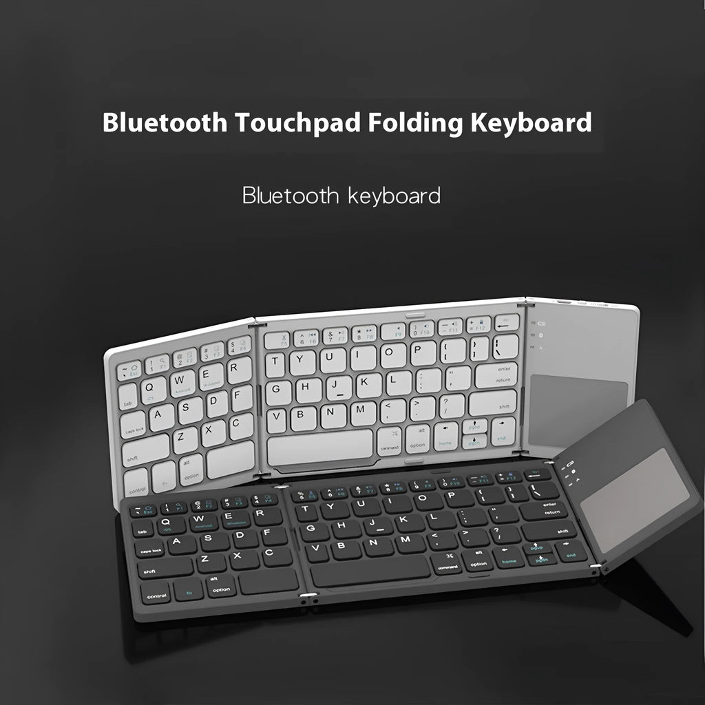 Mini tri-fold Bluetooth keyboard unfolded showing black keys and silver casing