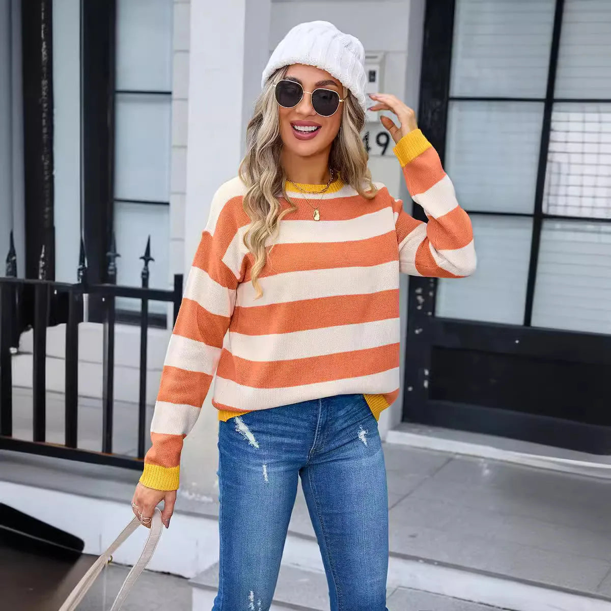 Women's loose fit long sleeve acrylic sweater with floral stripes or plaid pattern in blue colour