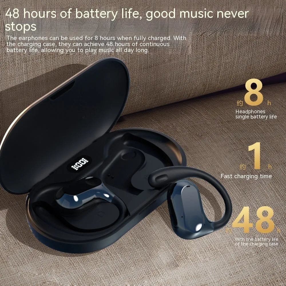 Ear-mounted bone conduction Bluetooth headset in ear-hanging clip design, black colour, with digital display, on a plain background