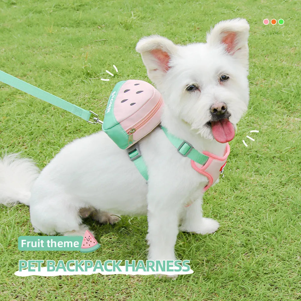 Green pet backpack and chest strap set with traction rope for dogs or cats