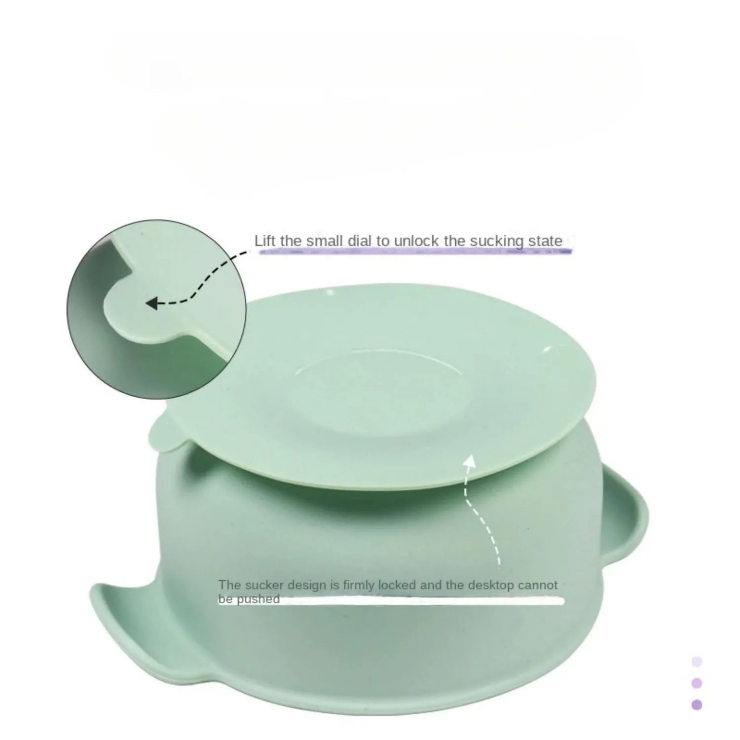 Blue silicone pet bowl with a white suction cup base on a kitchen floor.