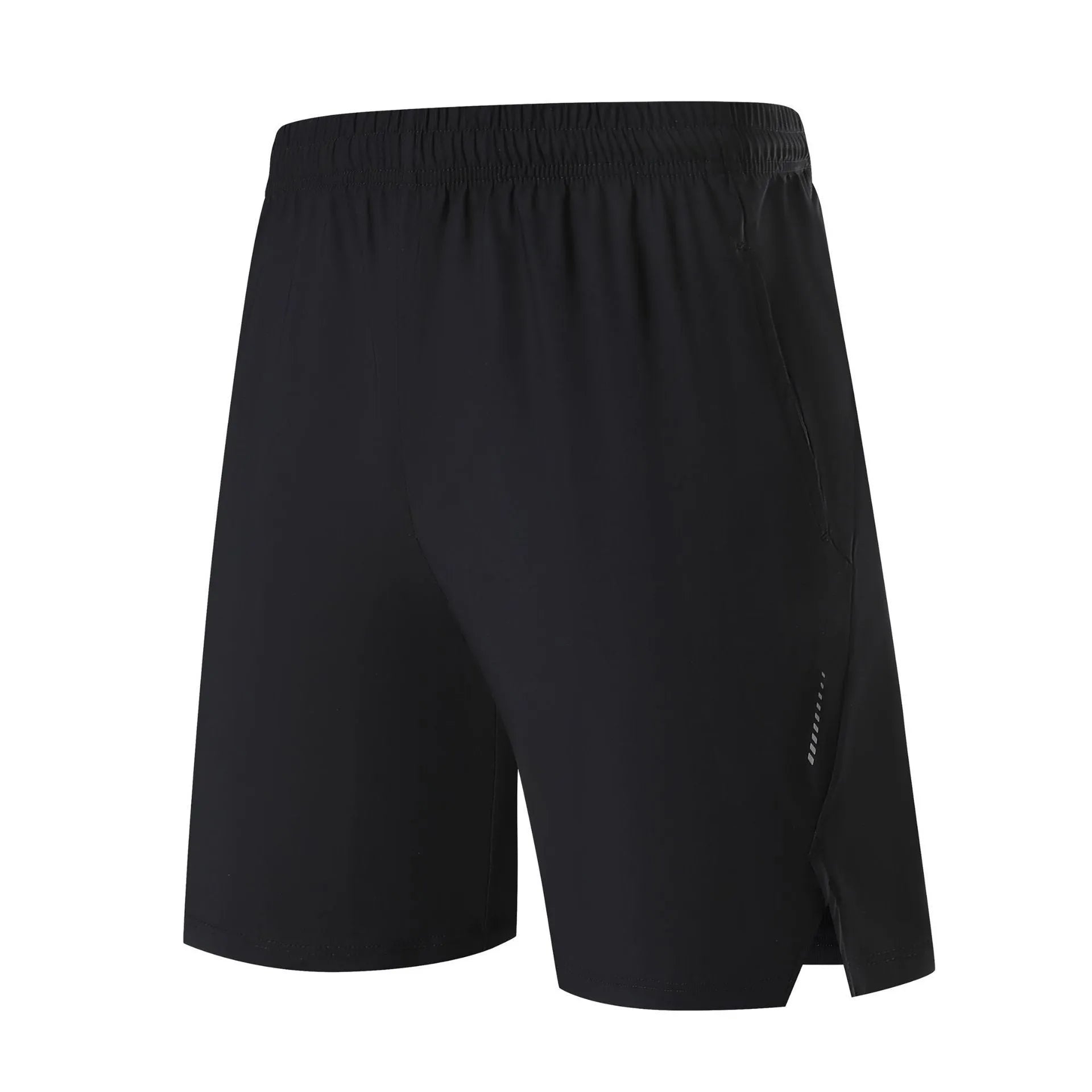 Man wearing black ice silk nylon sports shorts with mid waist and short length design