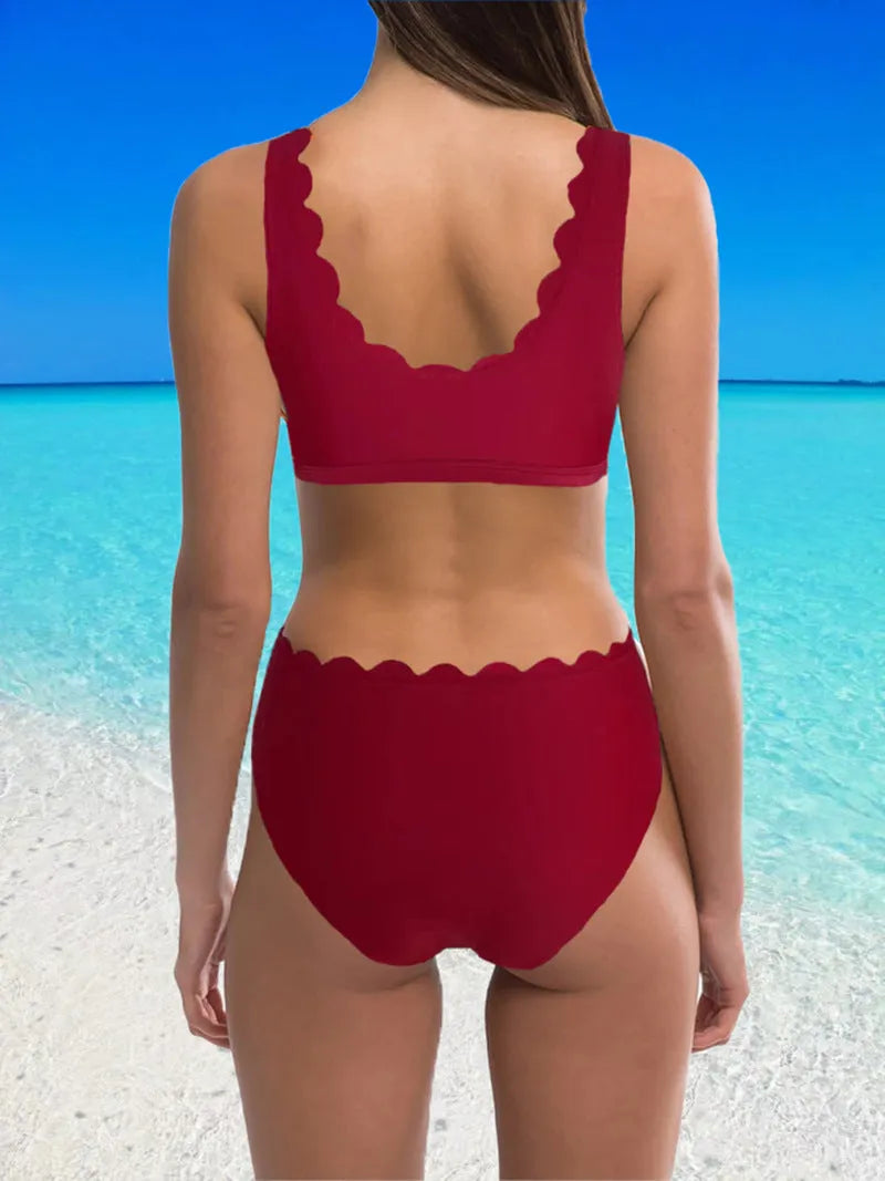 Women's high-waisted split swimsuit in solid colour with polyester fabric