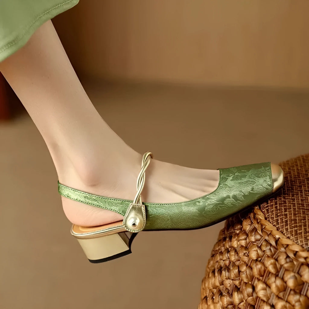 Women's closed toe satin sandals with square toe, backless fit, mid heel 3-6cm, in beige white, black or emerald green