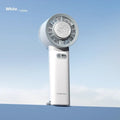 White handheld portable fan with turbo jet airflow and ice-cooling function