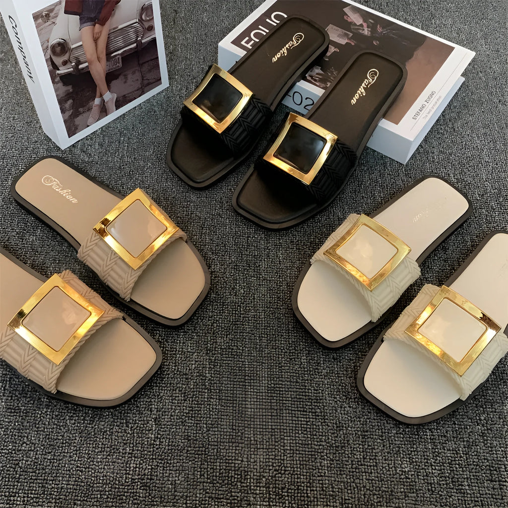 Women's flat casual slippers in apricot colour with a textured waterproof PVC sole.