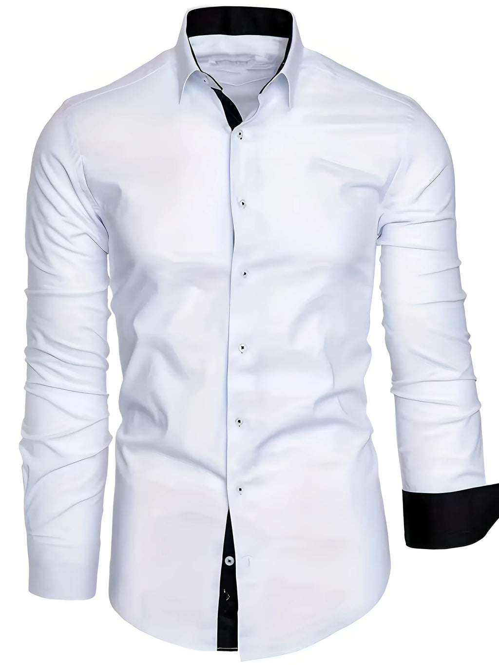 White long-sleeved shirt for teenage men with black contrast collar, cuffs and inner placket, button-down front