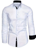 White long-sleeved shirt for teenage men with black contrast collar, cuffs and inner placket, button-down front