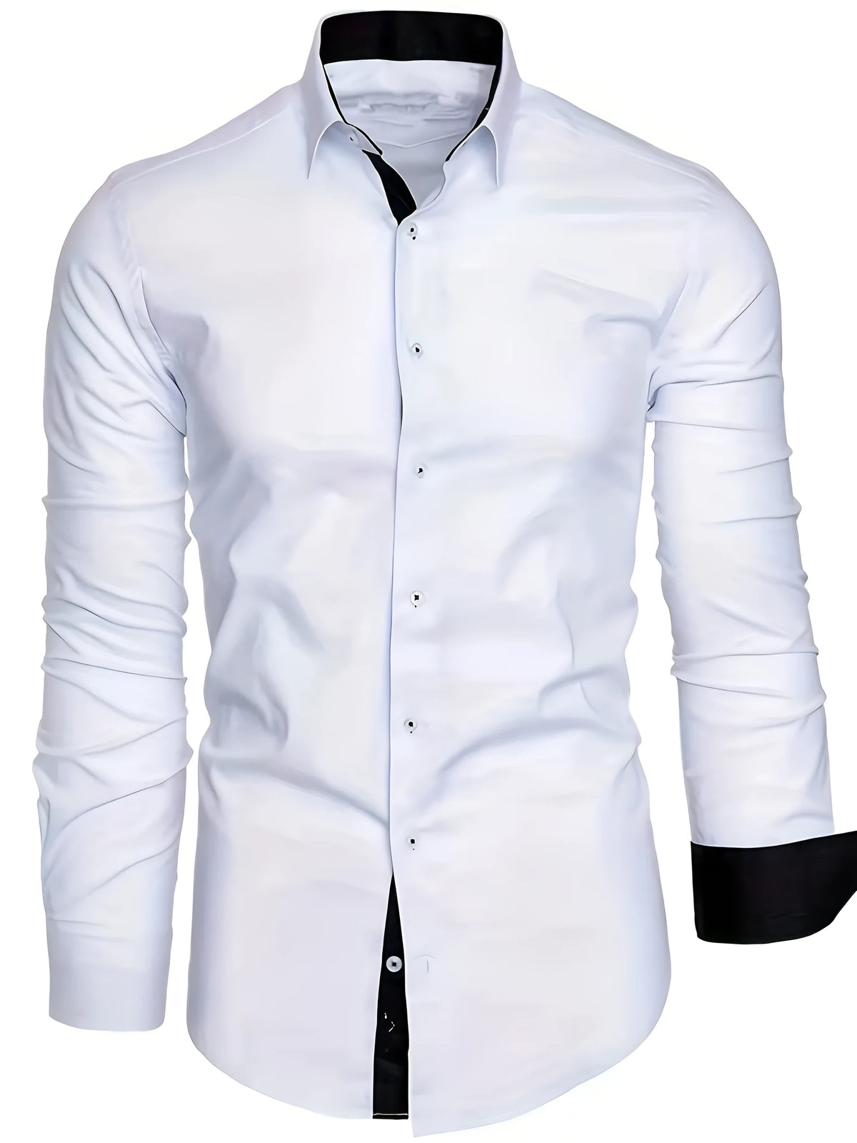 White long-sleeved shirt for teenage men with black contrast collar, cuffs and inner placket, button-down front