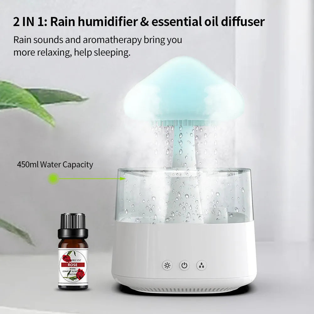 White raining cloud design desktop humidifier and night light with wood grain base