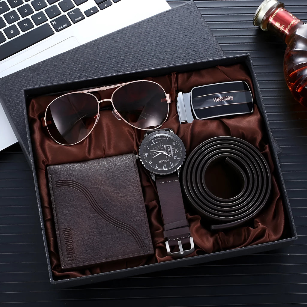 Men's brown watch set including watch, belt, glasses, and wallet in OPP packaging