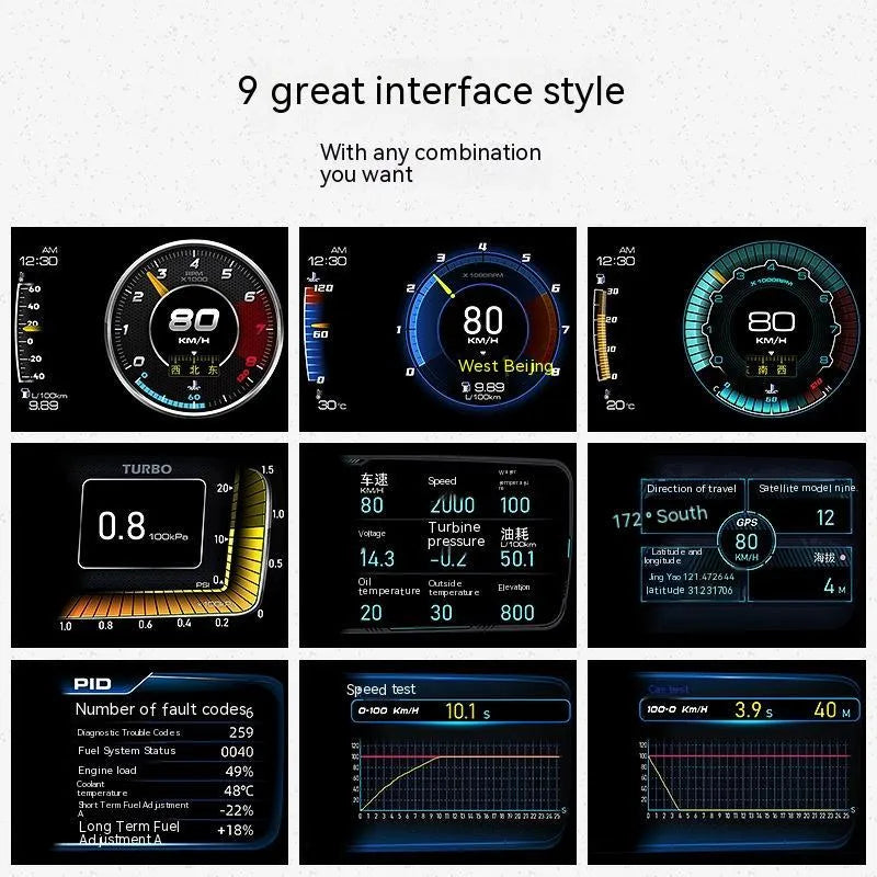 OBDII vehicle monitor driving computer with screen showing diagnostics and GPS map, includes cable and tools.