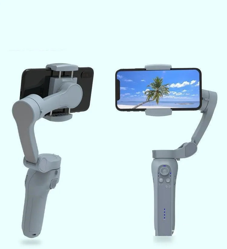 Folding three-axis mobile phone gimbal stabilizer shown in both unfolded and compact folded positions.