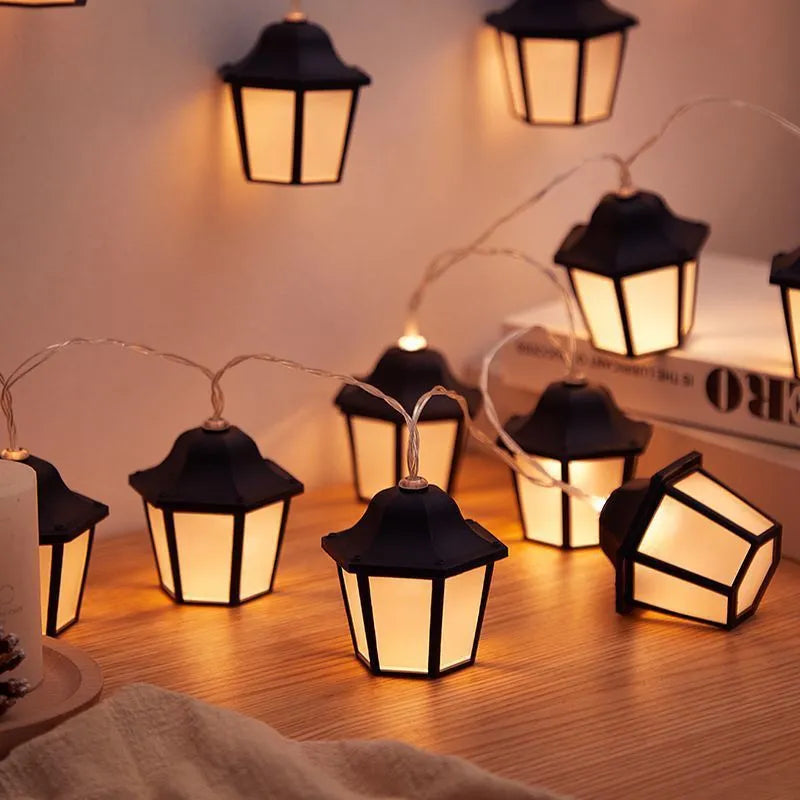 Warm white LED lighting chain with retro lantern style, shown in lengths from 1 m to 6.5 m for garden and villa decoration