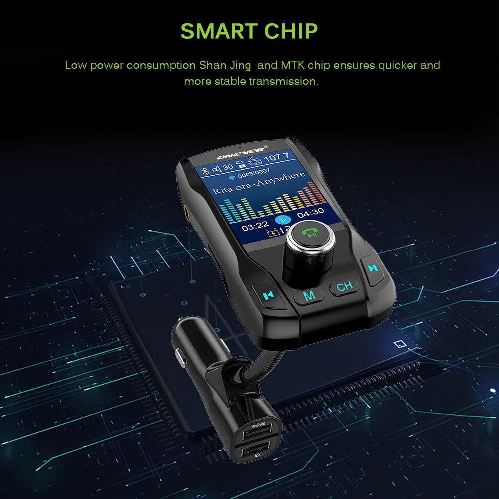 Black car FM transmitter with Bluetooth and a colour screen, showing dual USB ports and a flexible hose.