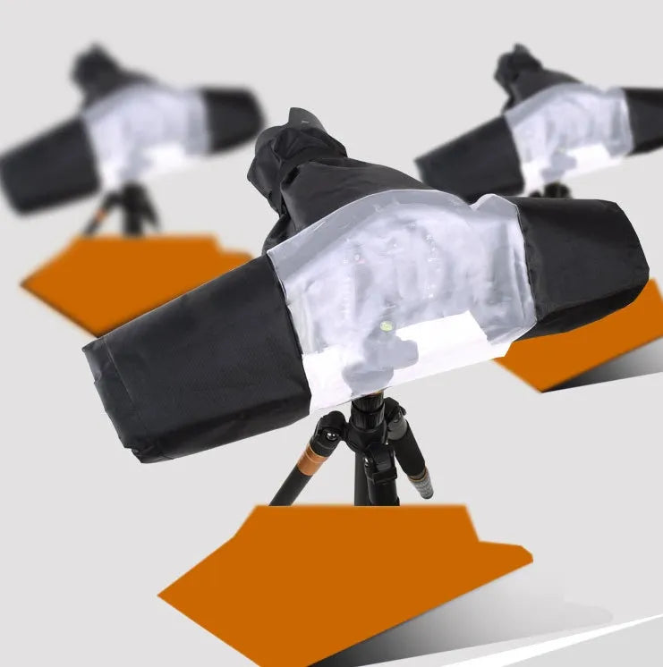 Waterproof rain cover fitted over a DSLR camera with a long telephoto lens attached.