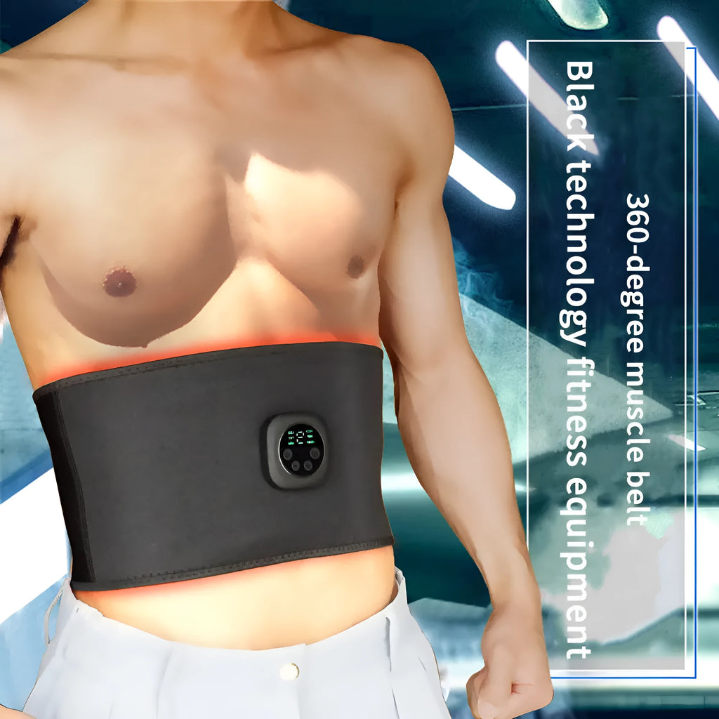 Smart digital display EMS fitness belt for abdominal muscle training in black, 102x17cm, with LCD screen and controls.