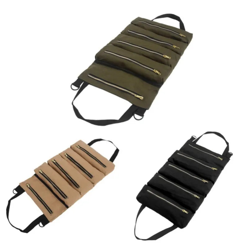 Multifunctional canvas hanging storage bag 49x29cm in khaki, army green, and black for car organisation