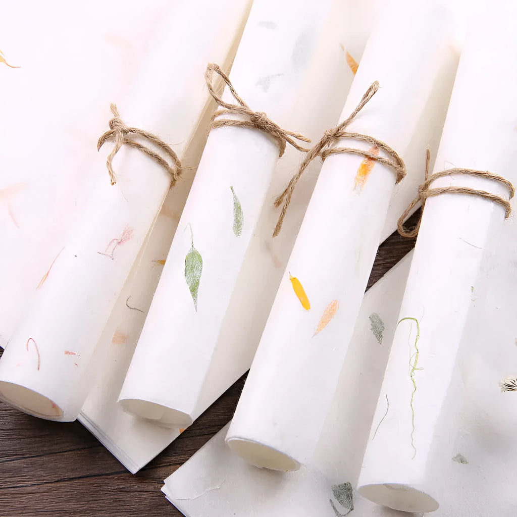 Ten sheets of ancient Chinese style painting paper for calligraphy in Green Leaf, Green Silk, Safflower, and Yellow Flower colours.