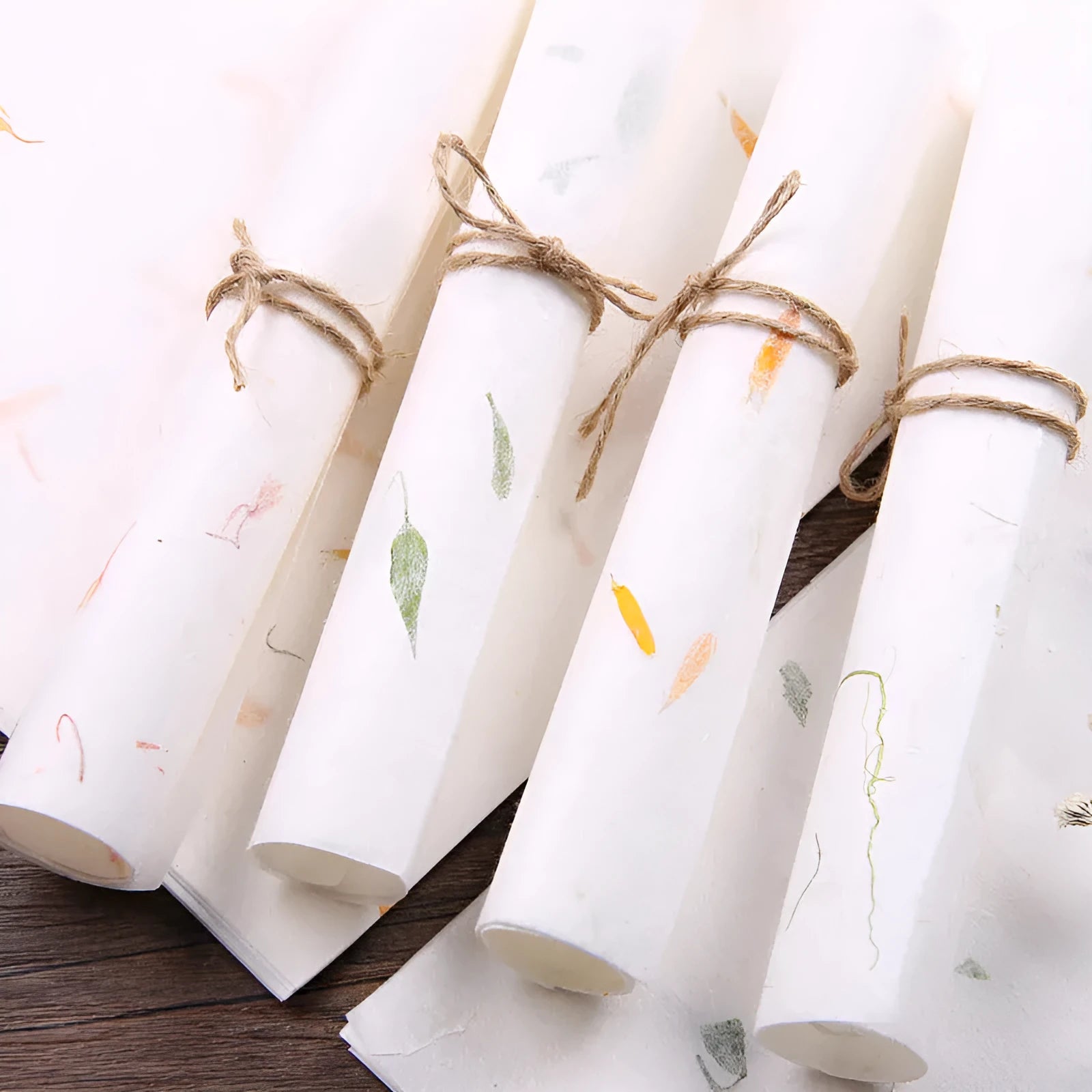 Ten sheets of ancient Chinese style painting paper for calligraphy in Green Leaf, Green Silk, Safflower, and Yellow Flower colours.