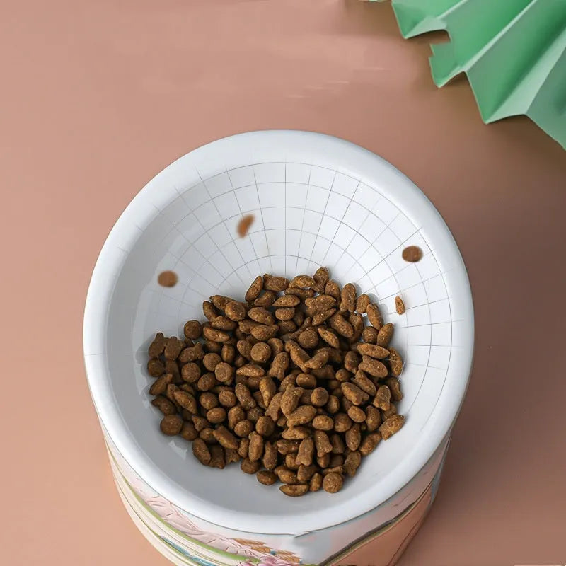 Chinese style ceramic cat bowl with high leg stand and dual feeding compartments