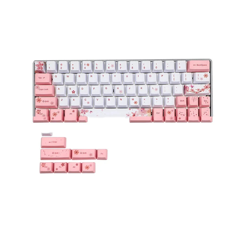 Pink PBT mechanical keyboard key caps with high five-sided sublimation design on black keyboard