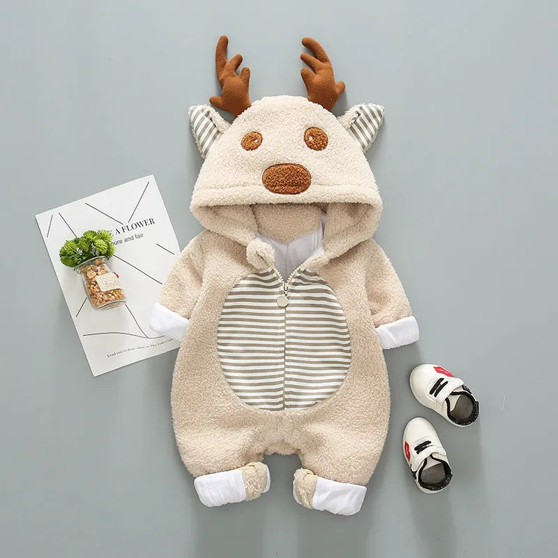 Long sleeve baby romper with lace-up strap closure in khaki, pink, and white colour options.