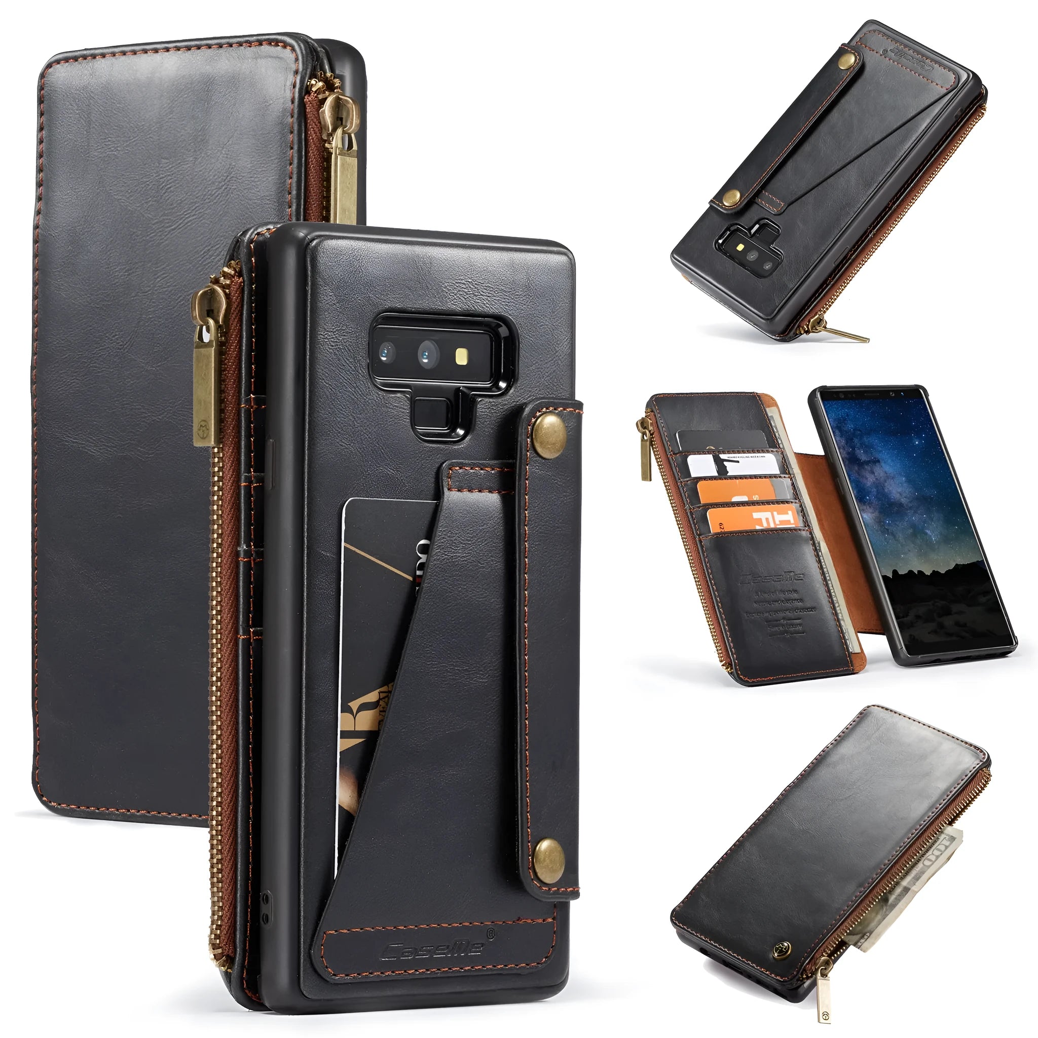 Black PU leather flip phone case open, showing Samsung Galaxy Note9 securely fitted inside.