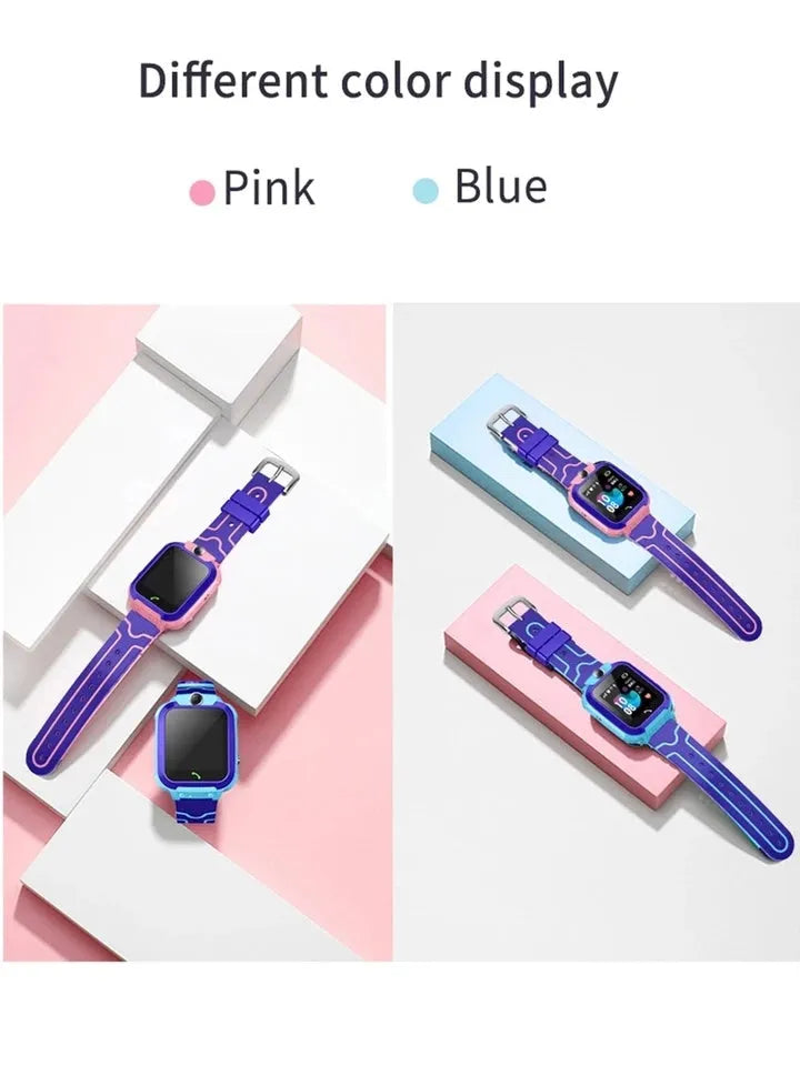 Children's phone watch with touch screen and camera in blue on child's wrist